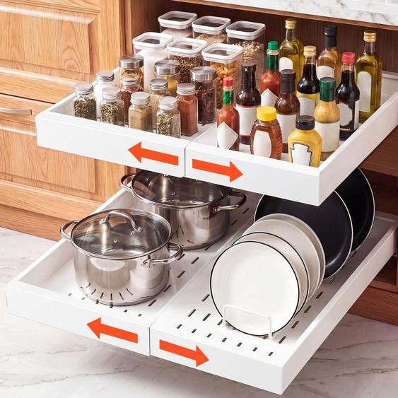 Organisateurs de tiroirs de cuisine extensibles - Ensemble de 2 tiroirs télescopiques - Réglables de 31 à 48 cm de largeur - 52 cm de profondeur - Avec bandes adhésives nanotechnologiques - Blanc