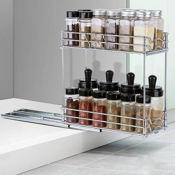 Organiseur à deux étages pour la cuisine, avec tiroirs, pour bocaux, huile, ingrédients, ustensiles de cuisine, couverts, 28 x 13 x 26 cm