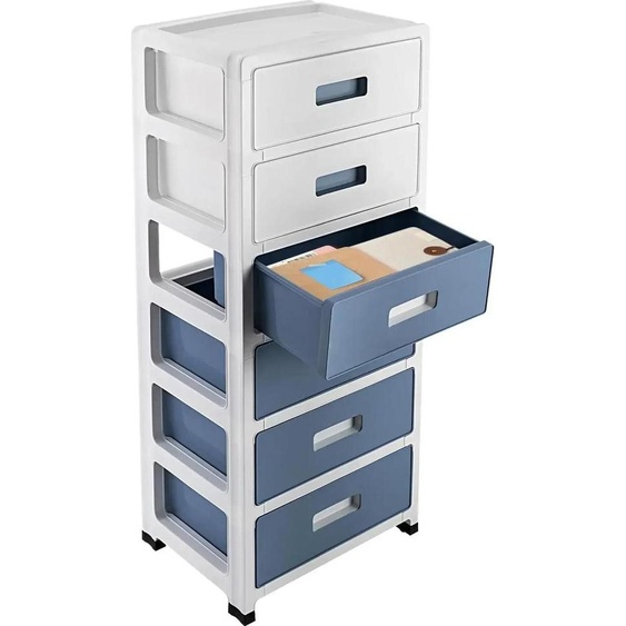 Organiseur de bureau - Boîte à tiroirs - 6 tiroirs - Plastique PP - Rectangulaire - Modèle de table - Bleu