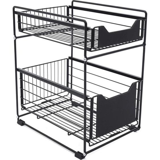 Organiseur de sous-élément - Panier coulissant à 2 étages - Métal - Dimensions 37,4×28,2×44 cm - Pour cuisine/salle de bain - Noir