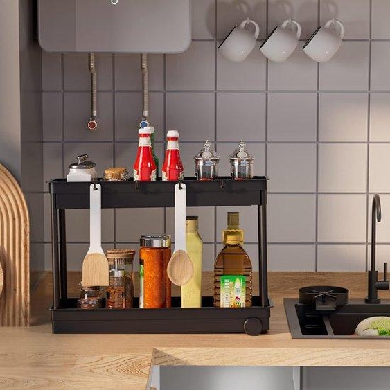 Organiseur multifonctionnel pour la cuisine, 2 niveaux de rangement, à accrocher au-dessus de lévier avec 8 crochets, organiseur pour la cuisine et la salle de bain, lot de 2, noir