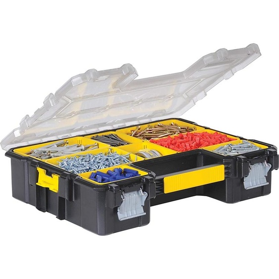 Stanley Organiseur professionnel FatMax compartiments profonds fermetures métalliques étanches, boîte pour petites pièces, plastique, noir, transparent, jaune, charnière, 446 mm, 357 mm
