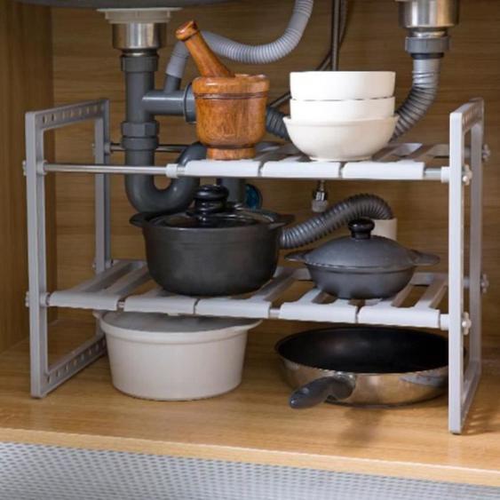 Organiseur sous évier JEOBEST - 2 couches - étagère cuisine Grise - extensible - 38-70*26*38cm