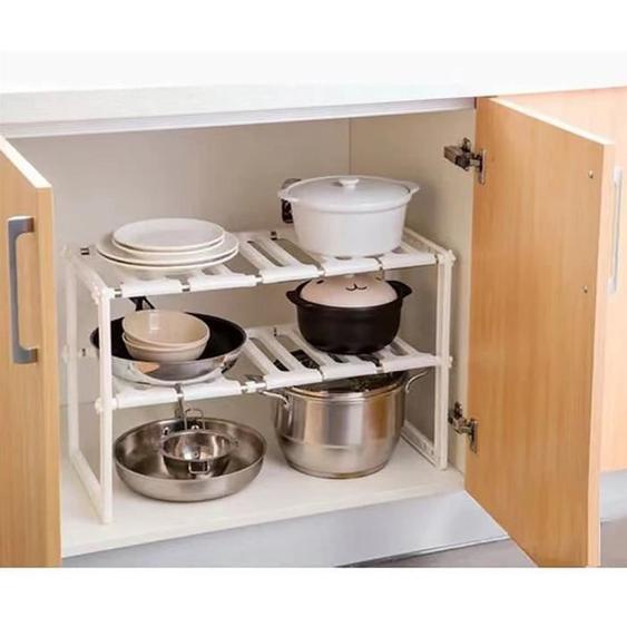 Organiseur sous évier - OHMG - Extensible 2 étages - Polypropylène et métal - 38-70x26x38cm - Blanc