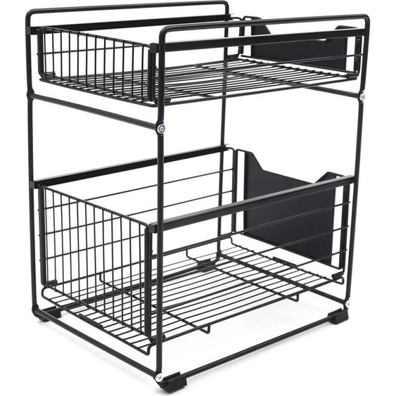 Organiseur sous lévier - Etagère de rangement avec 2 tiroirs - 2 niveaux - Extensible - Autonome - Pour les épices - Noir
