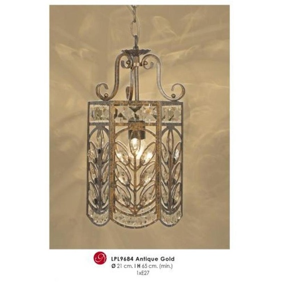 Suspension décorative Casa Padrino, style oriental, avec détails en cristal, finition or antique, diamètre 21 cm, hauteur 65 cm