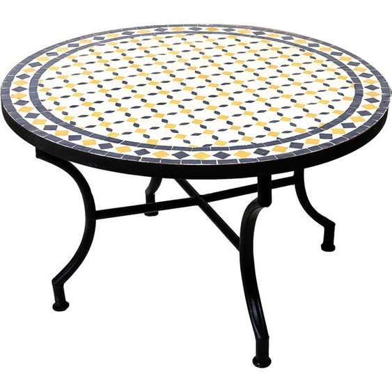 Table basse marocaine en mosaïque ORIGINALE, ø 80 cm, grande table ronde | Petite table de jardin ronde en mosaïque, style méditerranéen | Table dappoint pour balcon ou jardin | Giralda : blanc, jaune, bleu