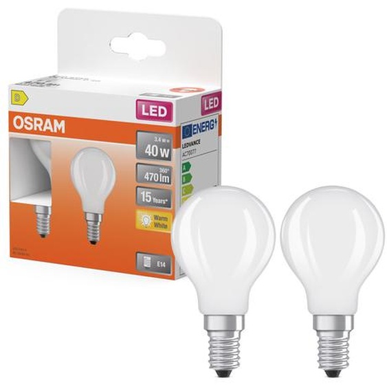 Osram Ampoule LED E14 Sphérique opaque 3,4 W - 470 lm - Blanc chaud - Equivaut à 40 W - Boîte de 2
