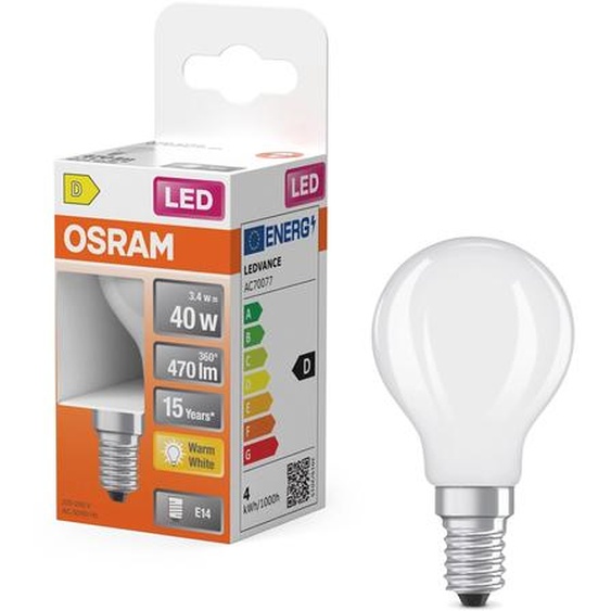 Osram Ampoule LED E14 Sphérique opaque 3,4 W - 470 lm - Blanc chaud - Equivaut à 40 W