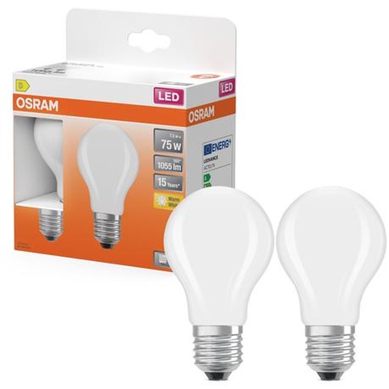 Osram Ampoule LED E27 opaque 7,5 W - 1055 lm - Equivaut à 75 W - Blanc chaud 2700K - Boîte de 2