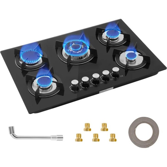 Other Plaque de Cuisson Gaz Encastrable 5 Feux, Noir, Compatible Gaz Naturel et Propane, Idéale pour Cuisine Moderne