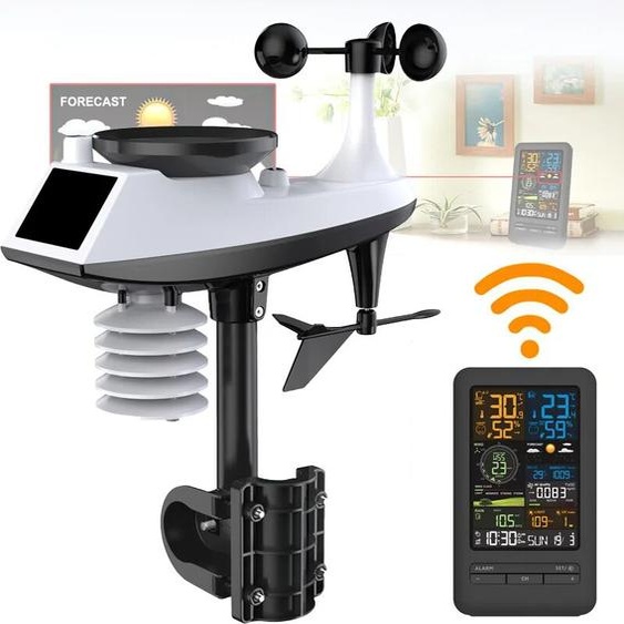 Other Station météo intelligente WiFi Tuya avec capteur extérieur, horloge et alarme, surveille la température/lhumidité/le vent/la pluie/les UV/les TVOC/la qualité de lair