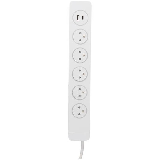 Otia Bloc multiprise Mantea 5 prises secteur parafoudre avec interrupteur à pied + 1 USB-A et 1 USB-C - 12 W - Blanc