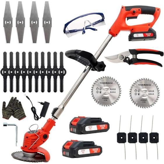 Coupe-bordure sans fil, coupe-herbe électrique avec kits de lames avec 2 batteries et 4 lames, hauteur et angle réglables, tondeuse pour tondre la