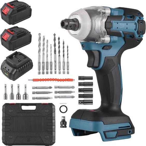 outil 3 en 1 - Perceuse/visseuse sans fil/visseuse à chocs 21V - Moteur Brushless - 380 Nm - 3200 tr/min - Vitesse variable - Prise UE - Batterie incluse - Bleu/Noir