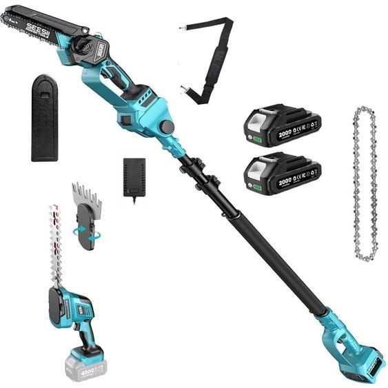 Outil multifonction 6-en-1 pour le jardin : scie à chaîne sans fil, manche télescopique, taille-haie, moteur sans balais, 2 batteries de 2,0 Ah