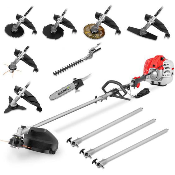 Outil multifonction 65cc 4,9cv avec moteur à essence 2 temps , 9 accessoires différents pour la coupe, guidon à double poignée, harnais de sécurité