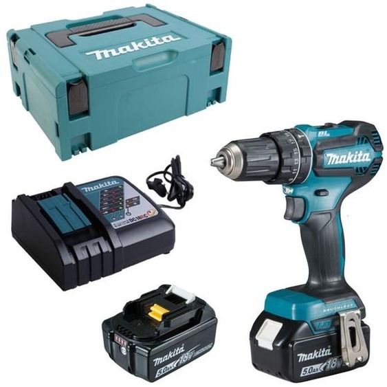 Outillage - Perceuse-visseuse à percussion sans fil 18 v, 2 batteries 5,0 Ah, chargeur DHP485RTJ - Makita