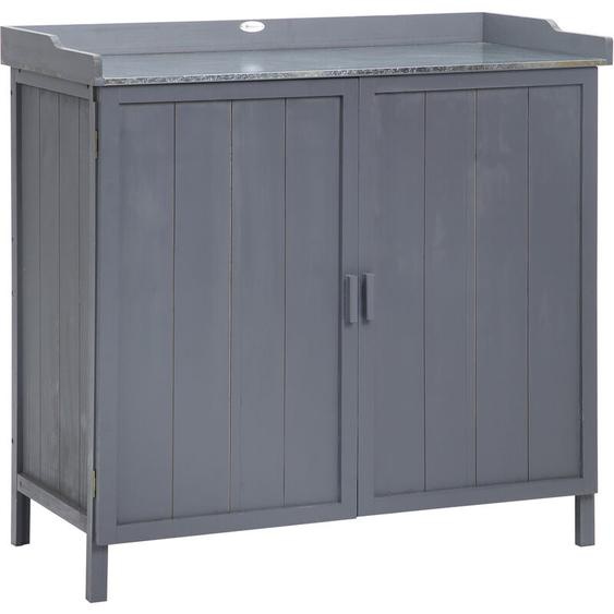 Armoire de rangement de jardin sur pied, table de rempotage 2 en 1 double porte, étagère, plateau métal galvanisé - bois sapin gris