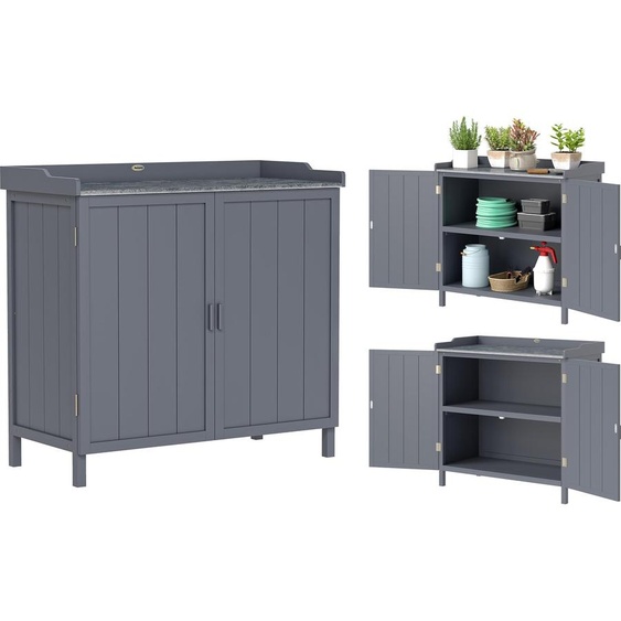 Outsunny Armoire de rangement de jardin sur pied, table de rempotage 2 en 1 double porte, étagère, plateau métal galvanisé - gris