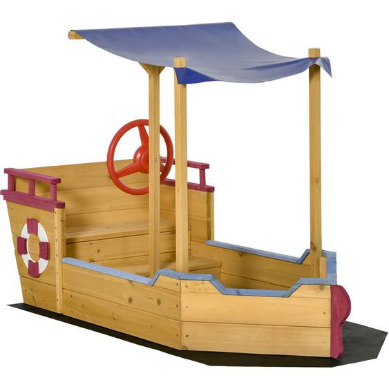Bac à sable bateau de pirate en bois - voile dombrage, coffre rangement, gouvernail - bois sapin pré-huilé