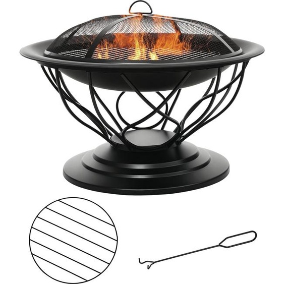 Outsunny Brasero cheminée Foyer extérieur Ø 75 x 55H cm Grille à Charbon + Cuisson Couvercle tisonnier métal Noir