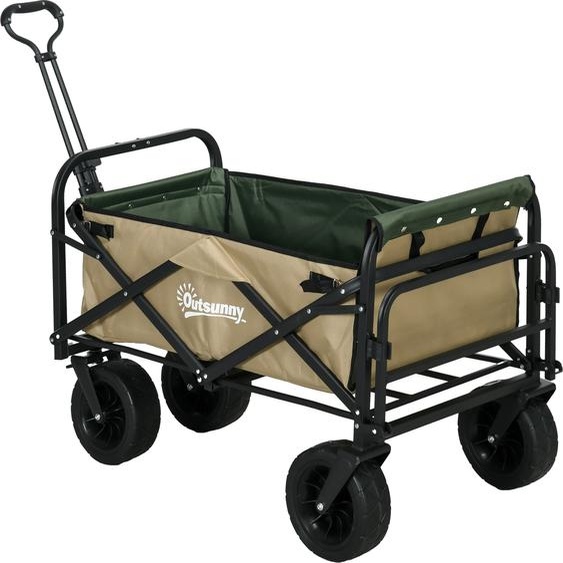 Outsunny Chariot à bras Chariot de transport pliable, chariot de transport avec poignée, chariot de plage, chariot de jardin avec sac de transport, charge max. 100 kg, Oxford, Kaki