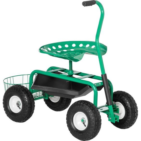Outsunny Chariot de jardin avec siège à roulettes jusquà 150 kg avec tablette Corbeille pour petits outils de jardin Chariot datelier mobile Siège de jardin directionnel Hauteur dassise 46-59 cm réglable en hauteur Métal Caoutchouc Vert