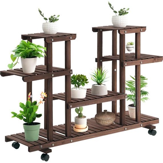 Outsunny Étagère à fleurs, support de plantes 6 niveaux, peut accueillir 8 à 10 plantes en pot, avec roulettes multidirectionnelles, pour lintérieur et lextérieur, en bois massif, couleur carbonisée