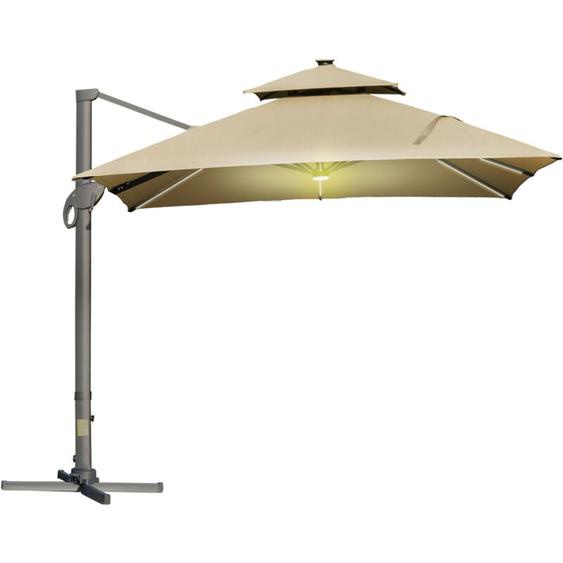 Outsunny - Parasol déporté led carré double toit inclinable pivotant 360° manivelle piètement acier dim. 3L x 3l x 2,66H m beige