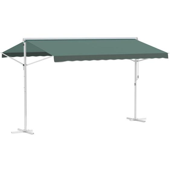Store double pente manuel rétractable inclinaison réglable métal époxy blanc polyester imperméabilisé anti-UV vert dim. 3,95L x 2,98l x 2,55H m
