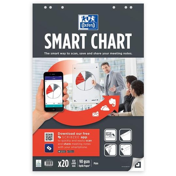 Oxford SmartChart Recharge chevalet papier blanc uni 6 trous . L.65 x H.98 cm -Bloc 20 feuilles - Lot de 3