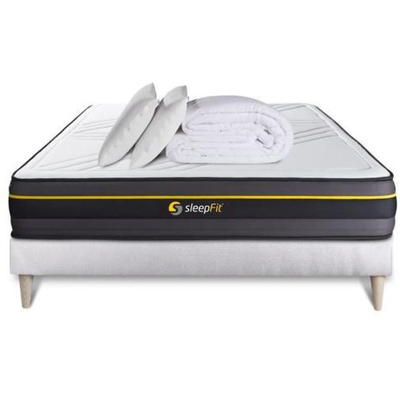 Pack 160x200 matelas ACTIVE + sommier kit  + 2 oreillers mémoire de forme 60x40cm + Couette Percale 260x240cm 160 x 200 cm Blanc