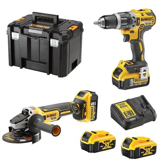 Pack 2 outils 18 V XR (DCD796 + DCG405) + 2 batteries 5 Ah + chargeur + coffret T-STAK DEWALT DCK2080P2T-QW
