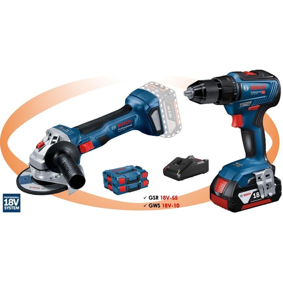 Pack 2 outils 18V (GSR55 + GWS10) + 2 batteries 5Ah + chargeur en coffret L-BOXX - BOSCH