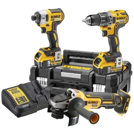 Pack 3 outils 18V DEWALT DCK384P2T-QW : perceuse-visseuse à percussion DCD796, meuleuse Ø125mm DCG405 et visseuse à choc DCF887 avec 2 coffrets et 2 batteries
