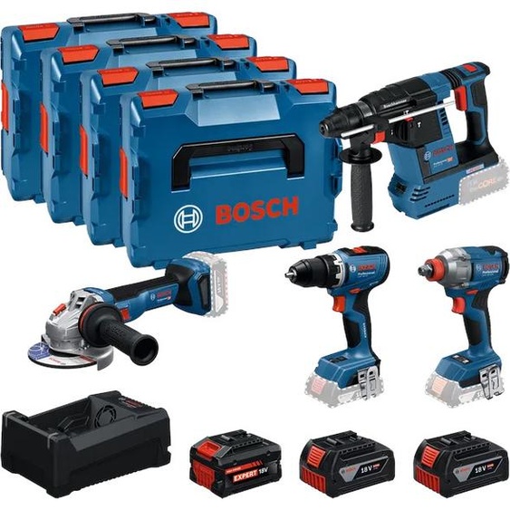 Pack 4 outils 18V (GSR65+GDX285+GBH26+GWS11) + 3 batteries (2x5Ah+1x5,5GBA) + chargeur en coffret BOSCH 0615A500BJ