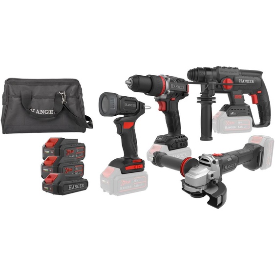 Pack 4 outils 18 V KT40C5 (DD18-60 + HX18-22 + GX18-8 + LI18-400) + 2 batteries 5 Ah + 1 batterie 2 Ah + chargeur rapide + sac de transport HANGER 408201