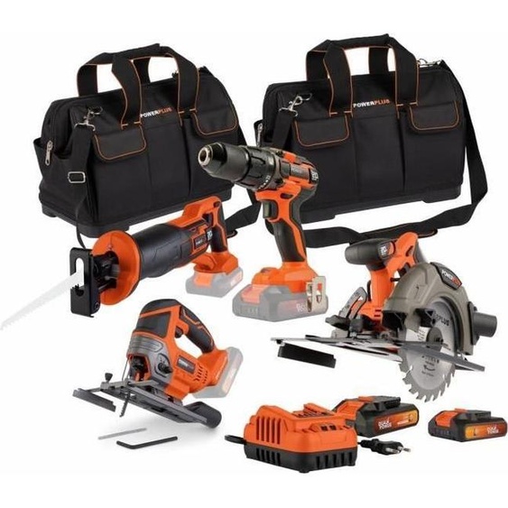Kit doutils sans fil DUAL POWER 20V, Perceuse-visseuse, Scie sauteuse, Scie sabre, Scie circulaire, 2 Batteries, Chargeur
