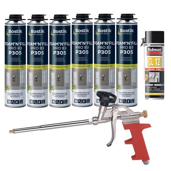 Pack 6 Mousses expansives PU pistolable P305 FoamnFill 750ml BOSTIK + Nettoyant mousse PU CL12 500ml + Pistolet manuel