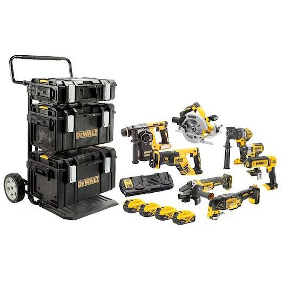 Pack 8 outils 18V XR (DCD996 + DCF887 + DCS570 + DCS355 + DCL050 + DCG405 + DCH273 + DCS367) + 4 batteries 5Ah + chargeur + 3 coffrets TOUGHSYSTEM - DEWALT - DCK853P4-QW