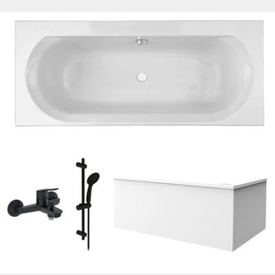 Pack baignoire droite 170 x 75 Elise + tablier angle + pommeau et mitigeur bain noir mat Aimé + vidage