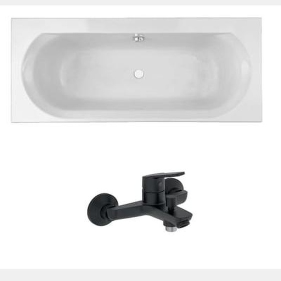 Pack baignoire droite 180 x 80 Elise + mitigeur bain douche noir mat + vidage