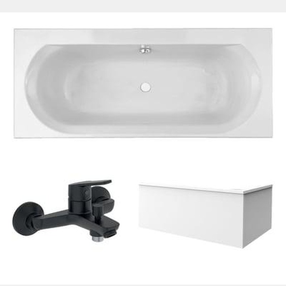 Pack baignoire droite 180 x 80 Elise + tablier en angle + mitigeur bain douche mural Aimé noir + vidage