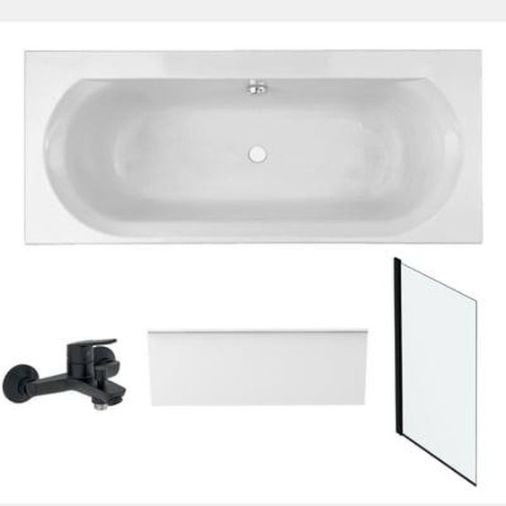 Pack baignoire droite 180 x 80 Elise + tablier niche + mitigeur bain Aimé noir + pare bain noir mat + vidage