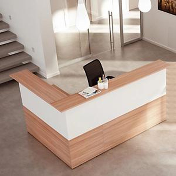 Pack Banque daccueil Ola - Angle 90° + Module haut L.140 cm + Module haut L.80 cm - Noyer / Blanc