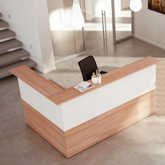 Pack Banque daccueil Ola - Angle 90° + Module haut L.140 cm + Module haut L.80 cm - Noyer / Blanc