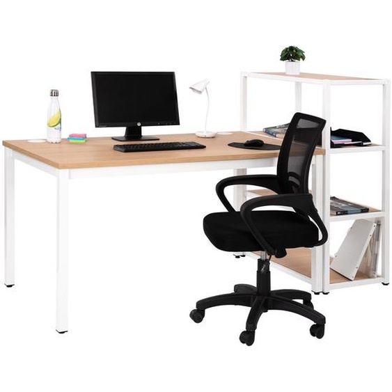 Pack Bureau Budget - Plateau droit L.140 x P. 80 cm - Plateau Chêne - Pieds blanc + Bibliothèque Chêne 4 étagères + Siège Dario Noir