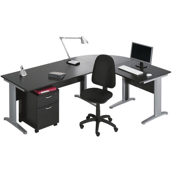 Pack Bureau complet Pronto Métal - Plateau Noir - Pieds L Aluminium + Caisson mobile 2 tiroirs + Siège Team haut dossier Noir