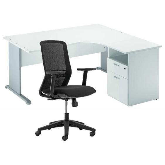 Pack Bureau dangle compact retour à droite Pronto Bois - L.160 x P.100 cm - Plateau Blanc - Pieds L Aluminium + Caisson hauteur bureau + Siège Tekna Noir